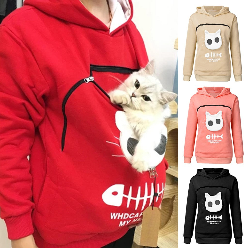 Women Hoodie Sweatshirt With Cat Pet Pocket Design Long Sleeve Sweater Cat Outfit - One Red Hill